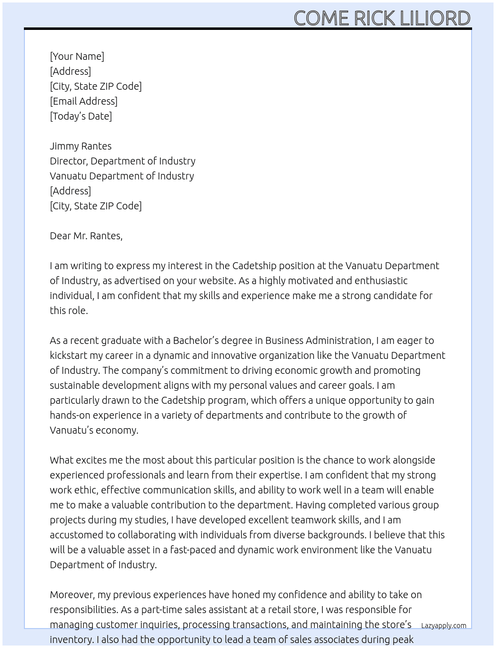 cadetship At vanuatu Department of Industry Cover Letter