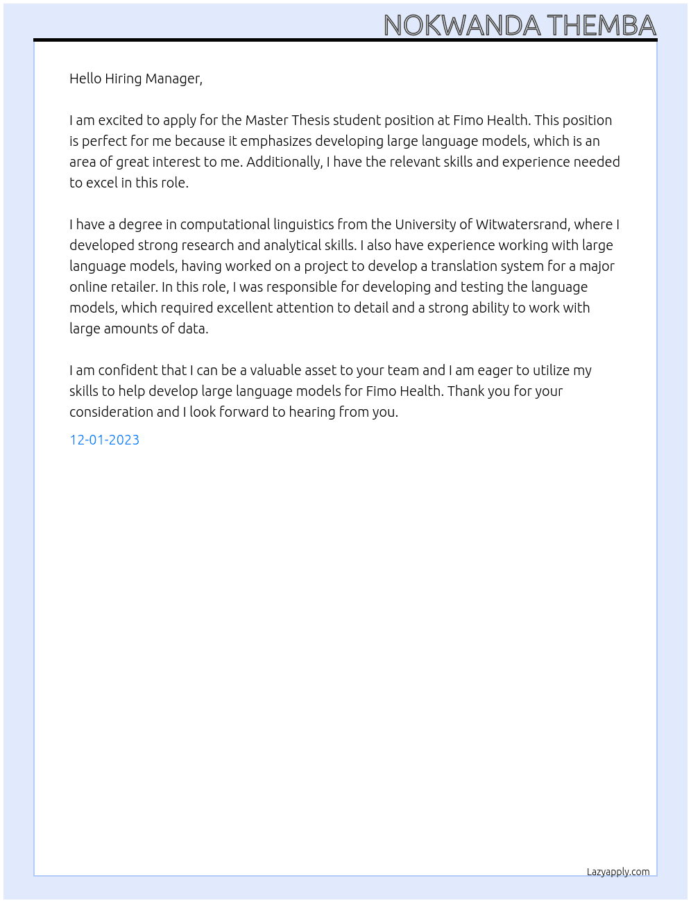 Master Thesis student (m/f/d) - Developing Large Language Models in digital Health Startup At Fimo Health Cover Letter