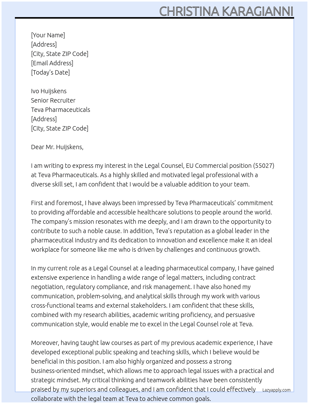 Legal Counsel, EU Commercial (55027) At Teva Cover Letter