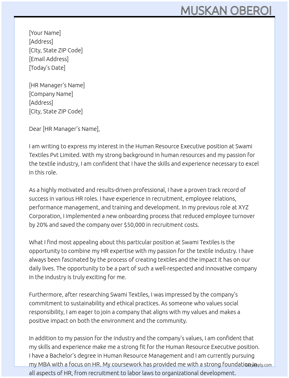 Human Resource Executive  At Swami textiles Pvt Limited Cover Letter