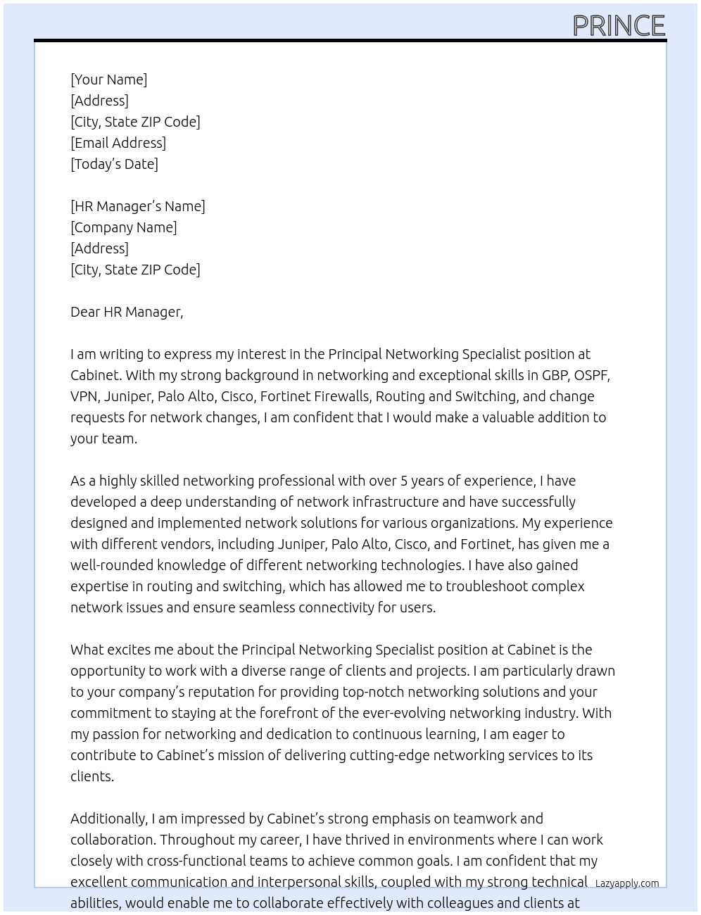 Principal Networking Specialist At cabinet Cover Letter