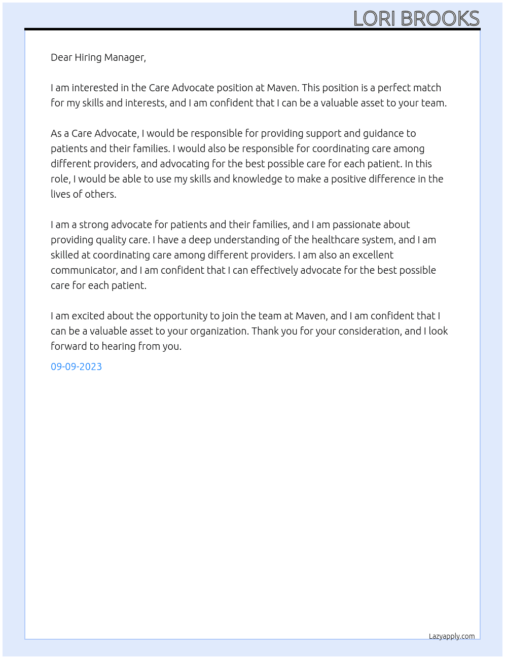 Care Advocate At Maven Cover Letter