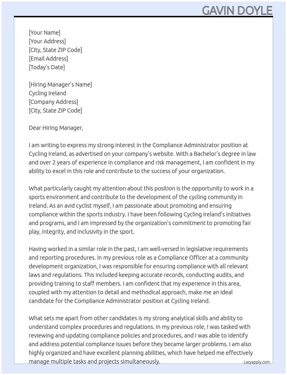 Compliance Administrator  At Cycling Ireland Cover Letter