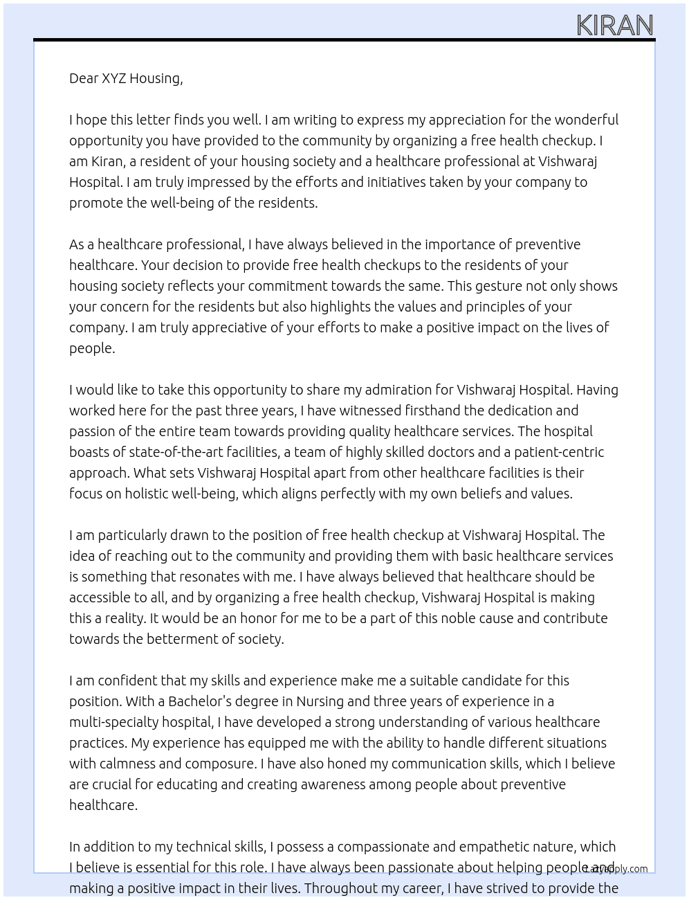 Free health checkup At Vishwaraj hospital Cover Letter