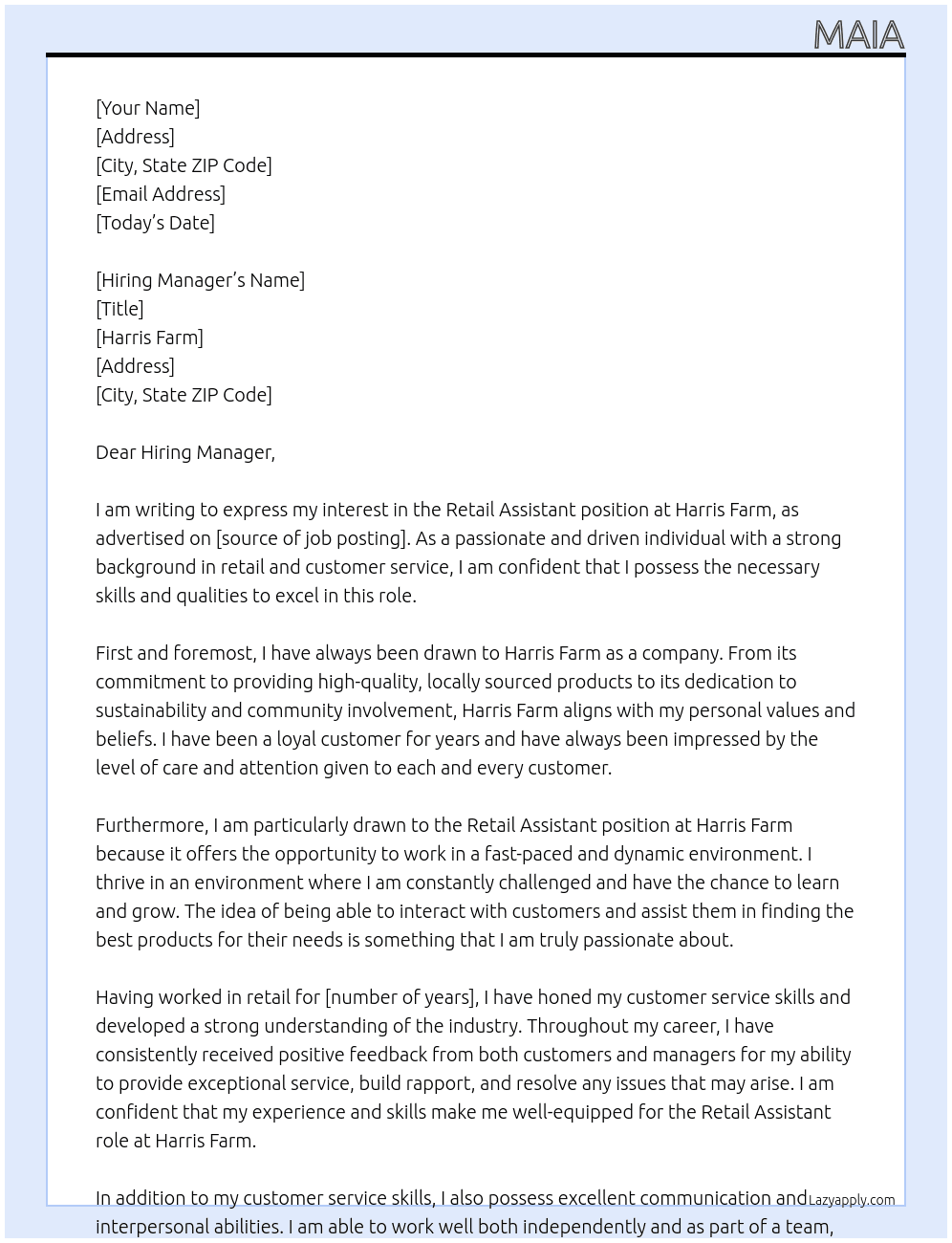 Retail Assistant At Harris Farm Cover Letter