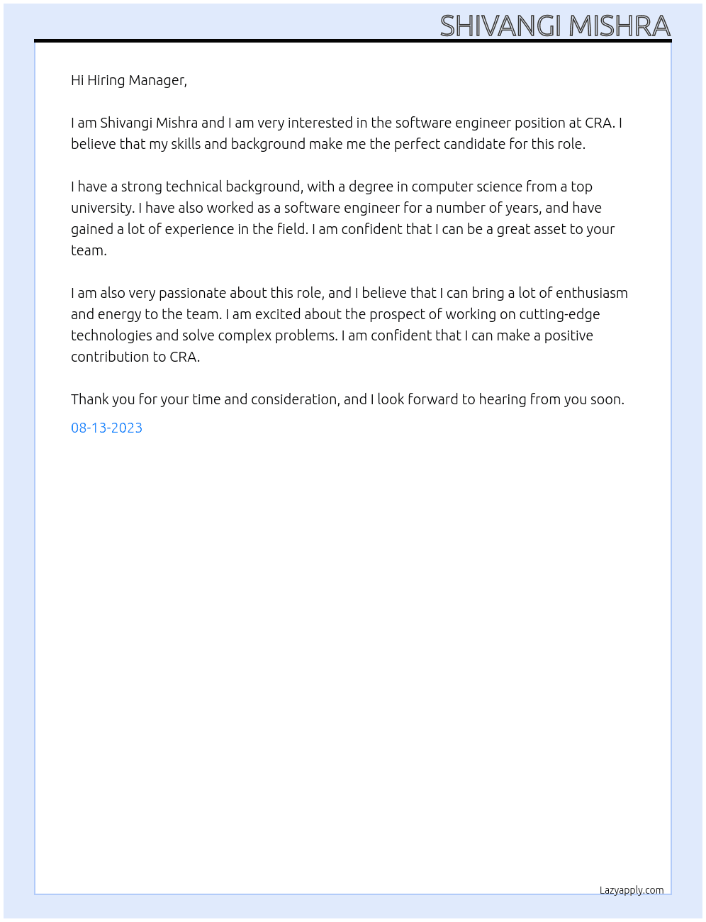 software engineer At CRA Cover Letter