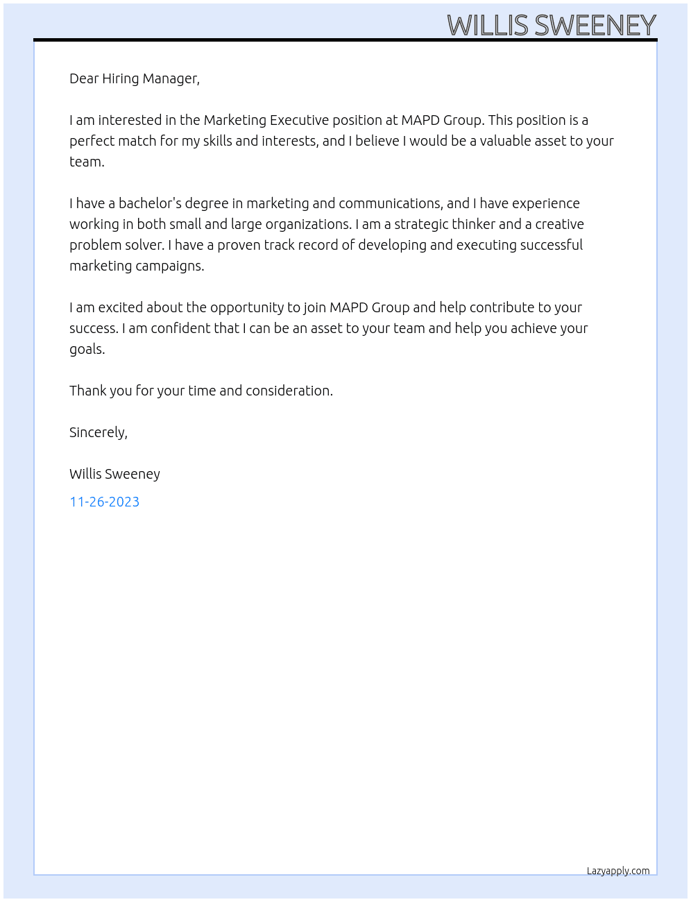 Marketing Executive At MAPD Group Cover Letter