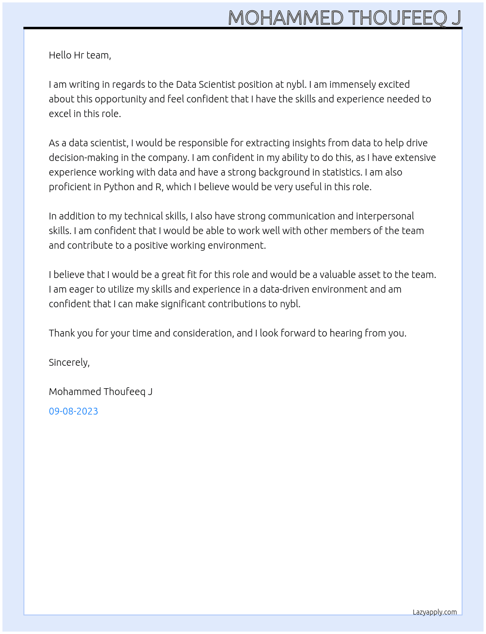Data scientist At nybl Cover Letter