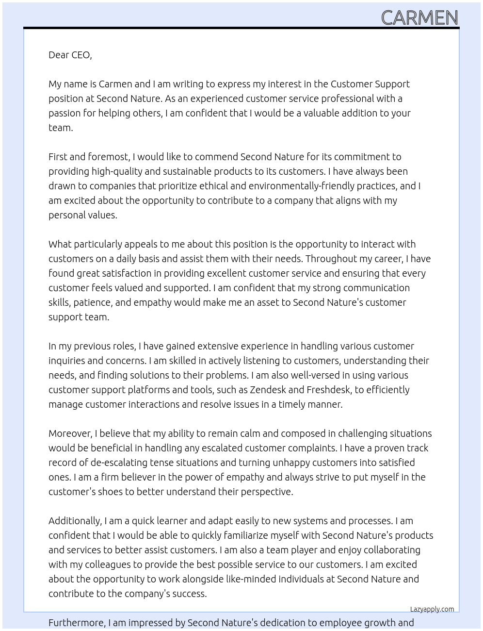 Customer support  At Second nature  Cover Letter