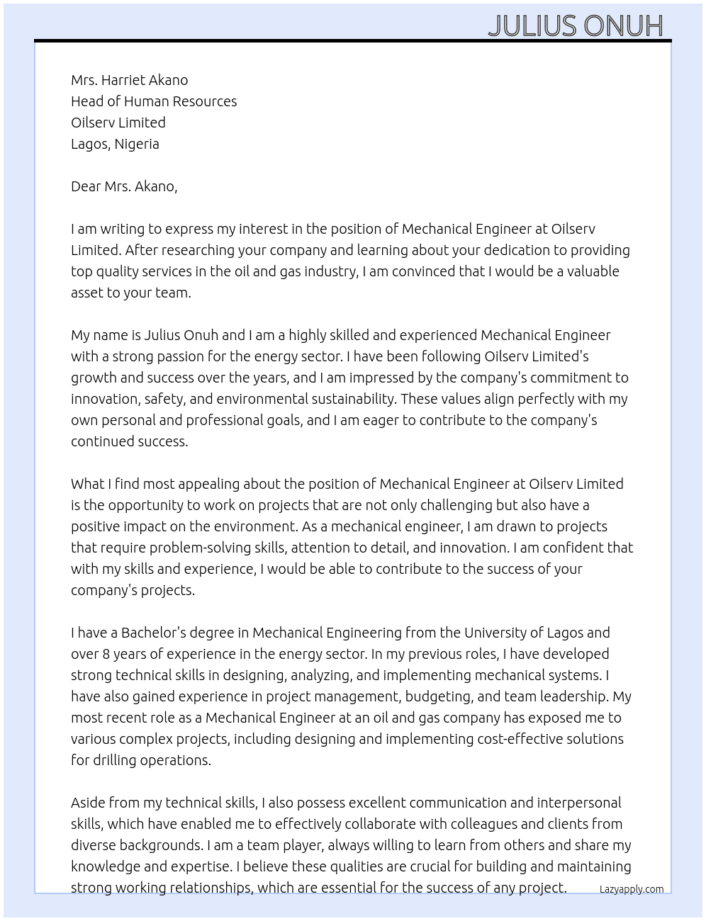 Mechanical Engineer At Oilserv Limited  Cover Letter