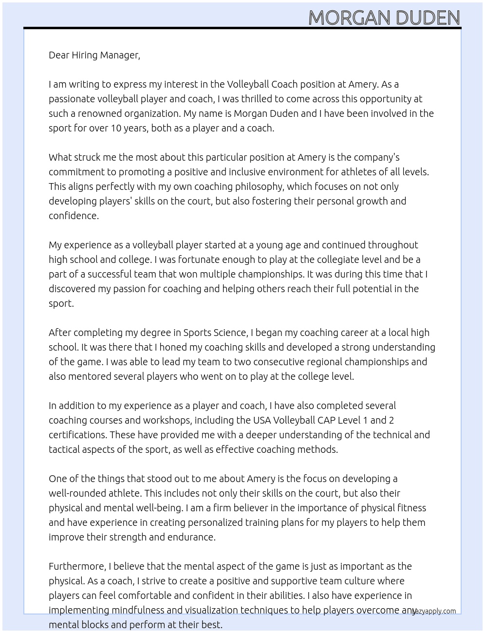 Volleyball Coach At Amery Cover Letter