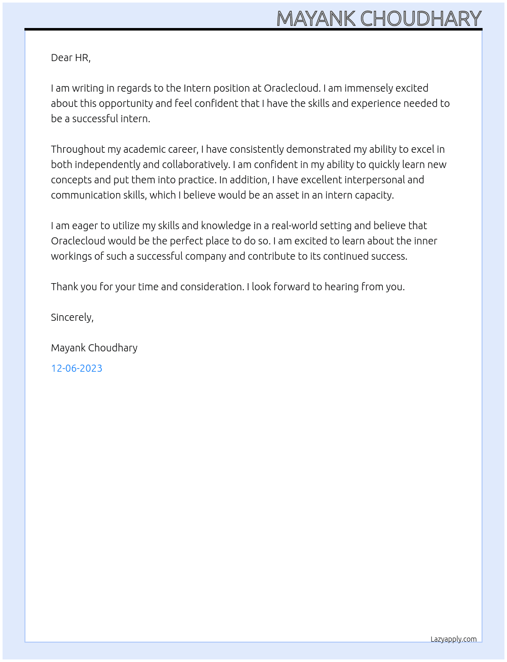 INTERN At oraclecloud Cover Letter