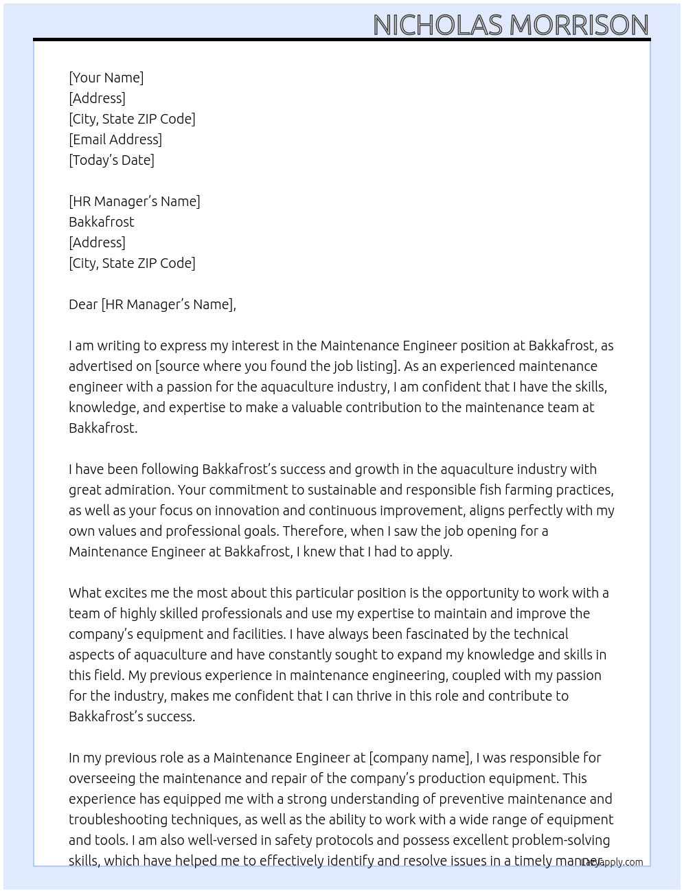 maintenace engineer At Bakkafrost Cover Letter