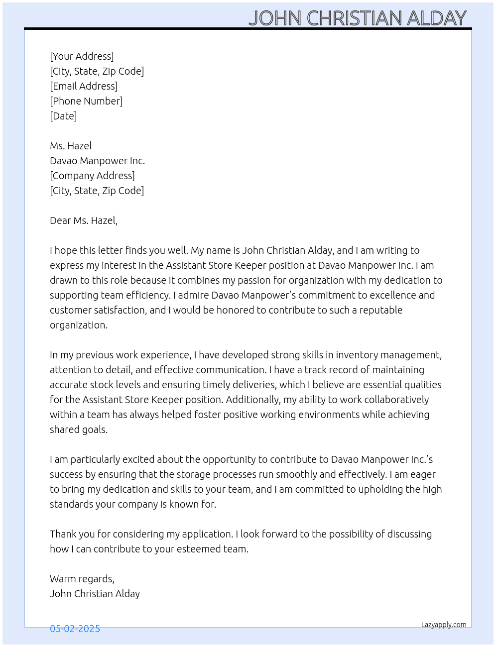 Assistance Store Keeper  At Davao Manpower Inc  Cover Letter