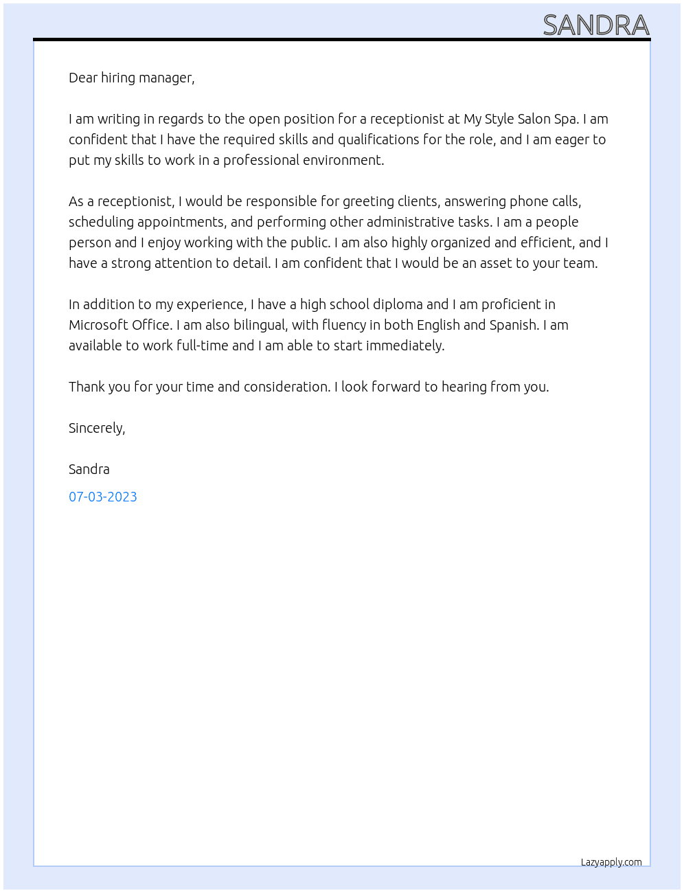 RECEPTIONIST At  My Style Salon Spa Cover Letter