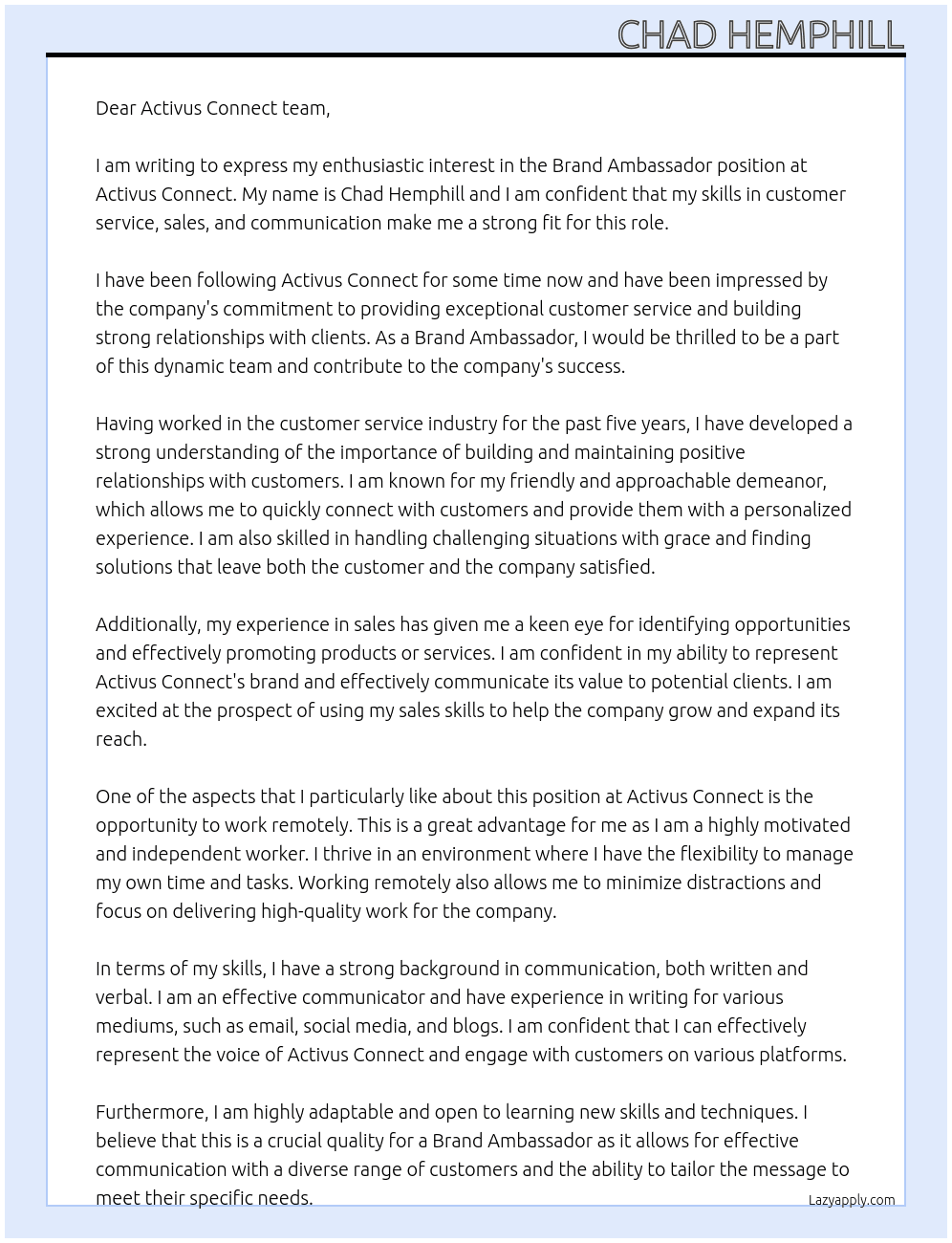 Brand Ambassador At Activus Connect Cover Letter