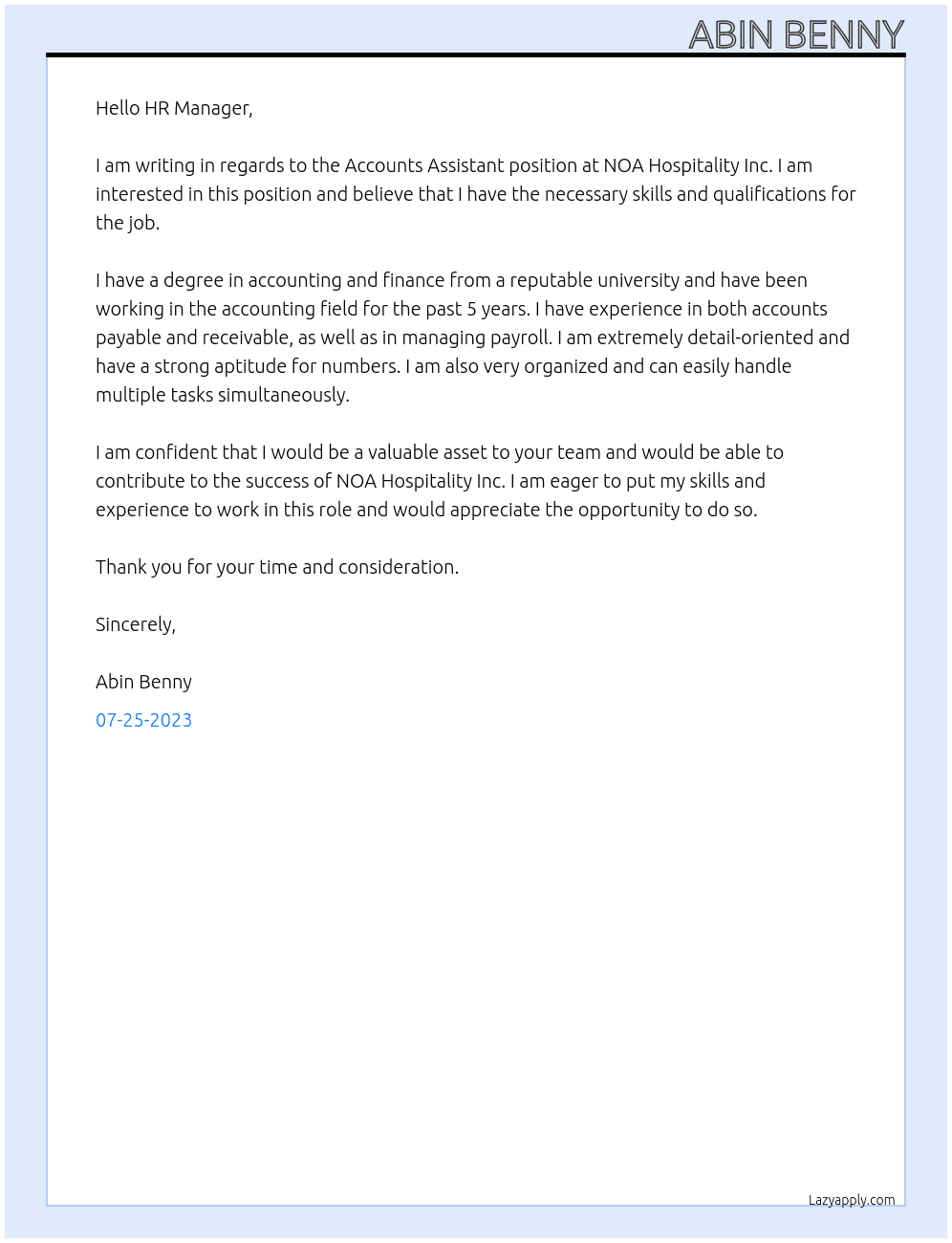 Accounts Assistant  At NOA Hospitality Inc - Vaughan, ON L4H 0K8 Cover Letter