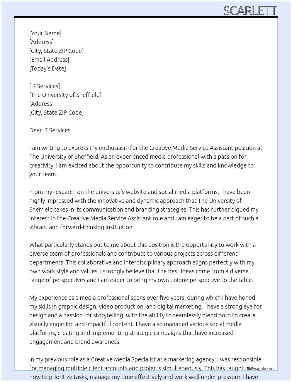 Creative Media Service Assistant At The University Of Sheffield Cover Letter