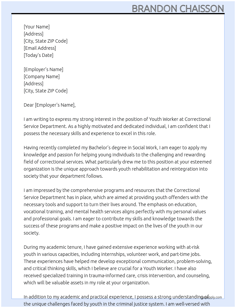 youth worker At Correctional service department Cover Letter