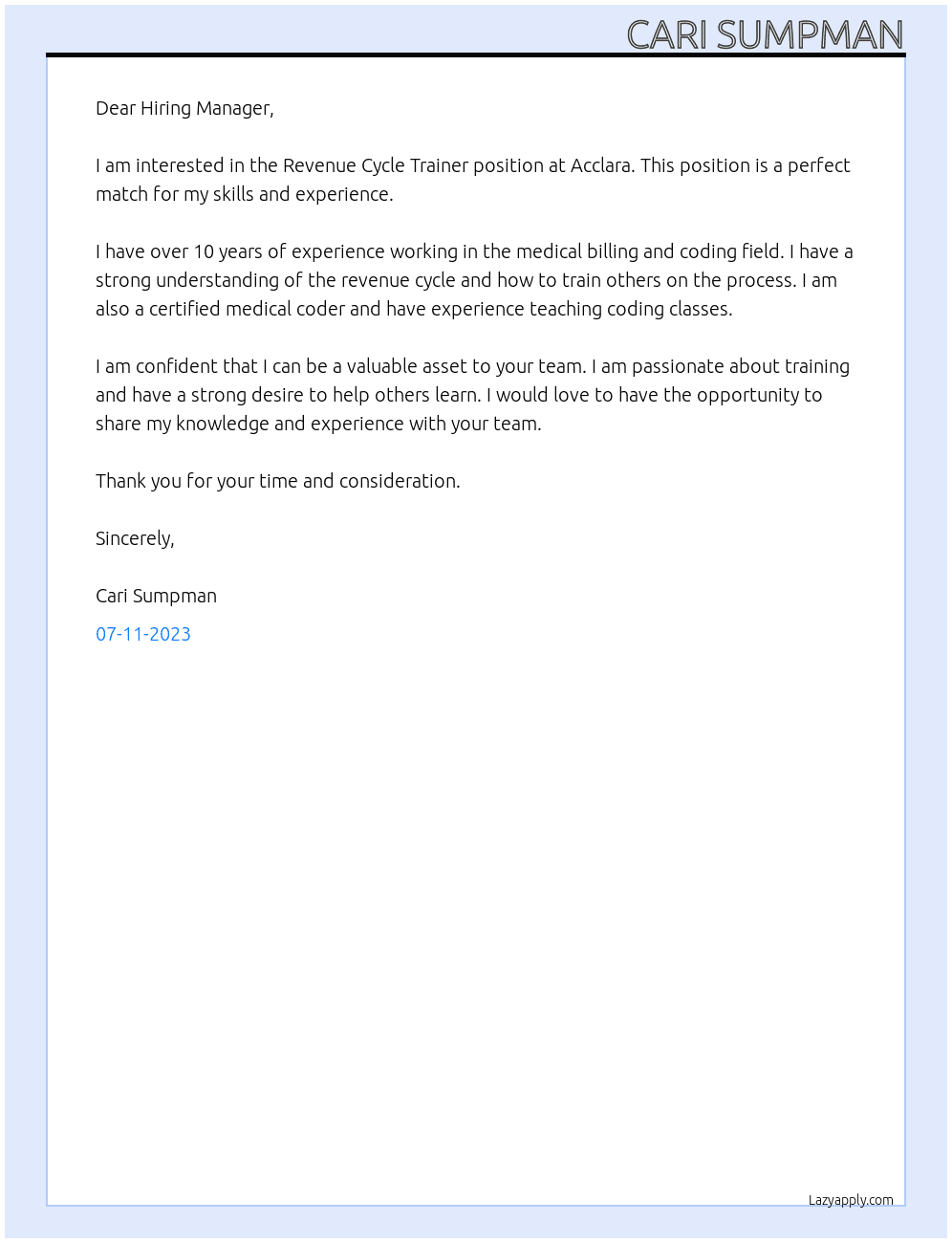 Revenue Cycle Trainer At Acclara Cover Letter