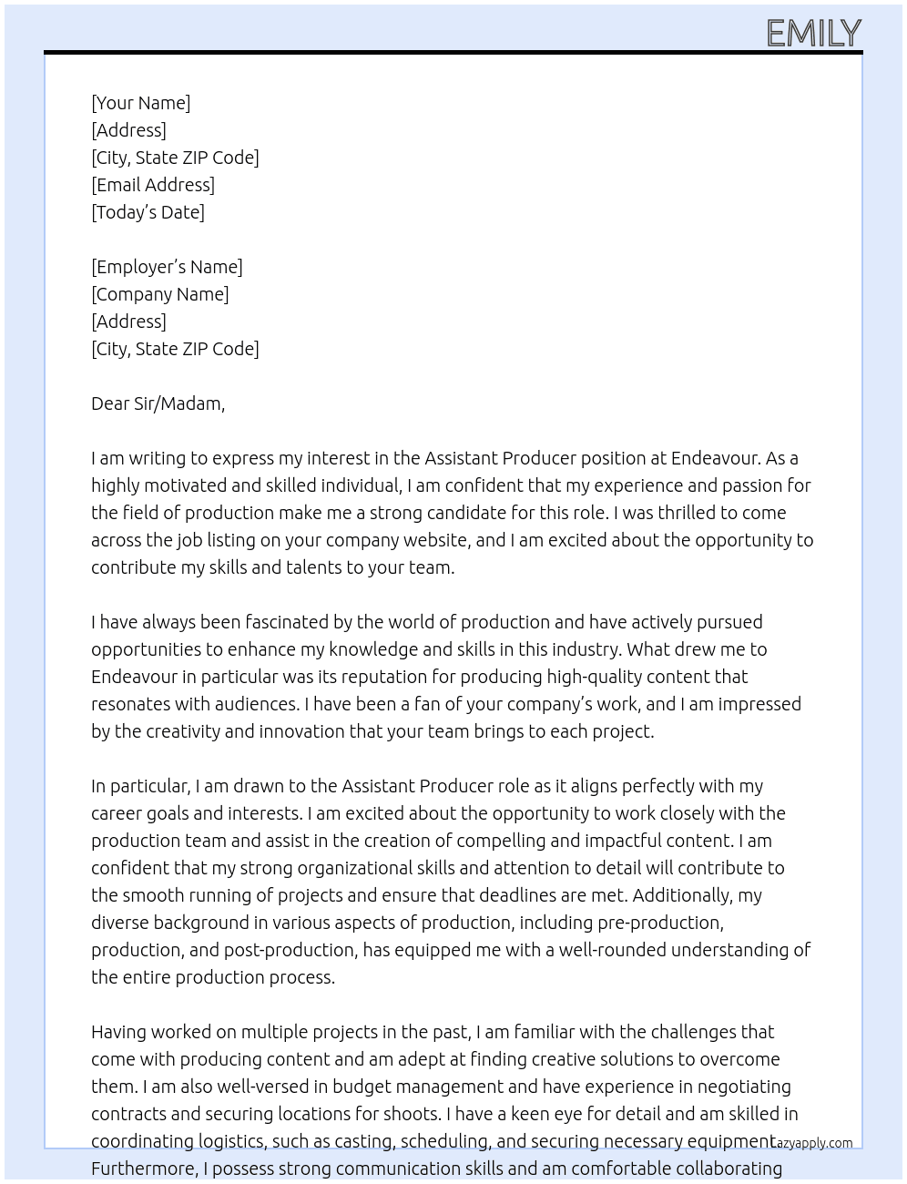 Assistant Producer At Endeavour Cover Letter
