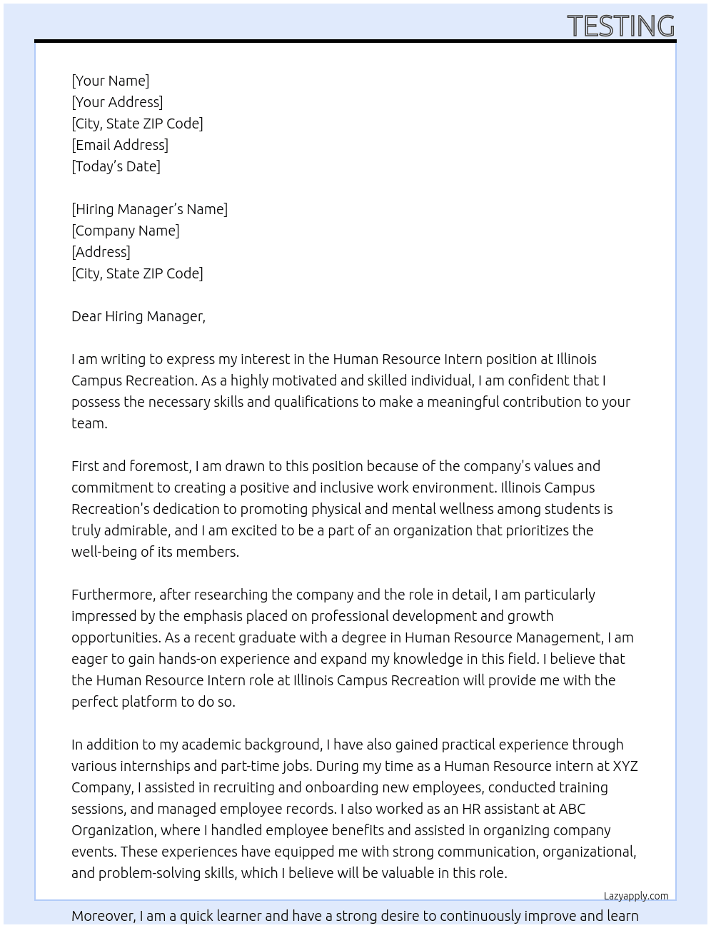 Human Resource Intern At Illinois Campus Recreation Cover Letter