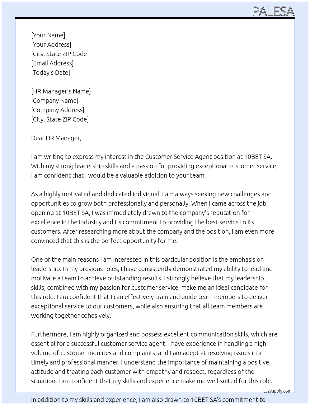 Customer Service Agent At 10BET SA Cover Letter