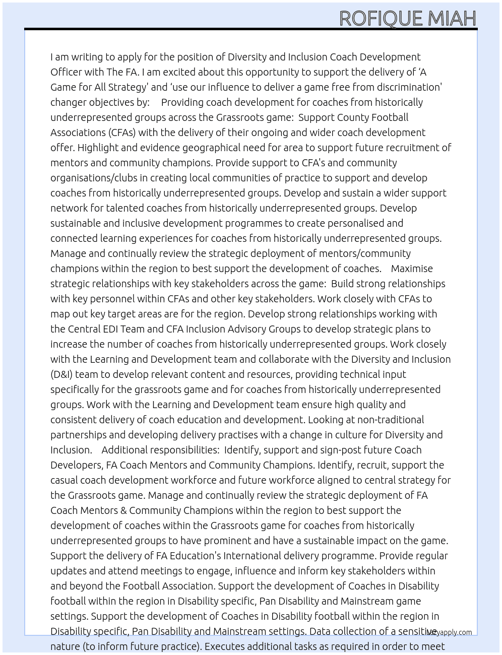 Diversity and Inclusion Coach Development Officer At The FA Cover Letter