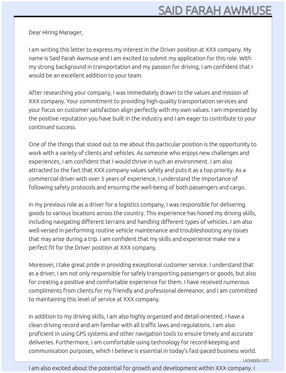 Driver At XXX company Cover Letter