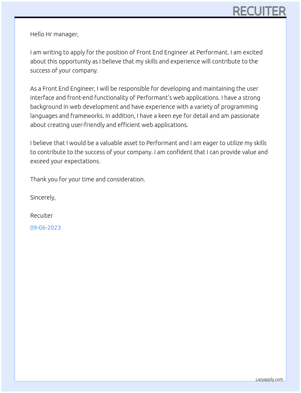 FRONT END ENGINEER At Performant Cover Letter