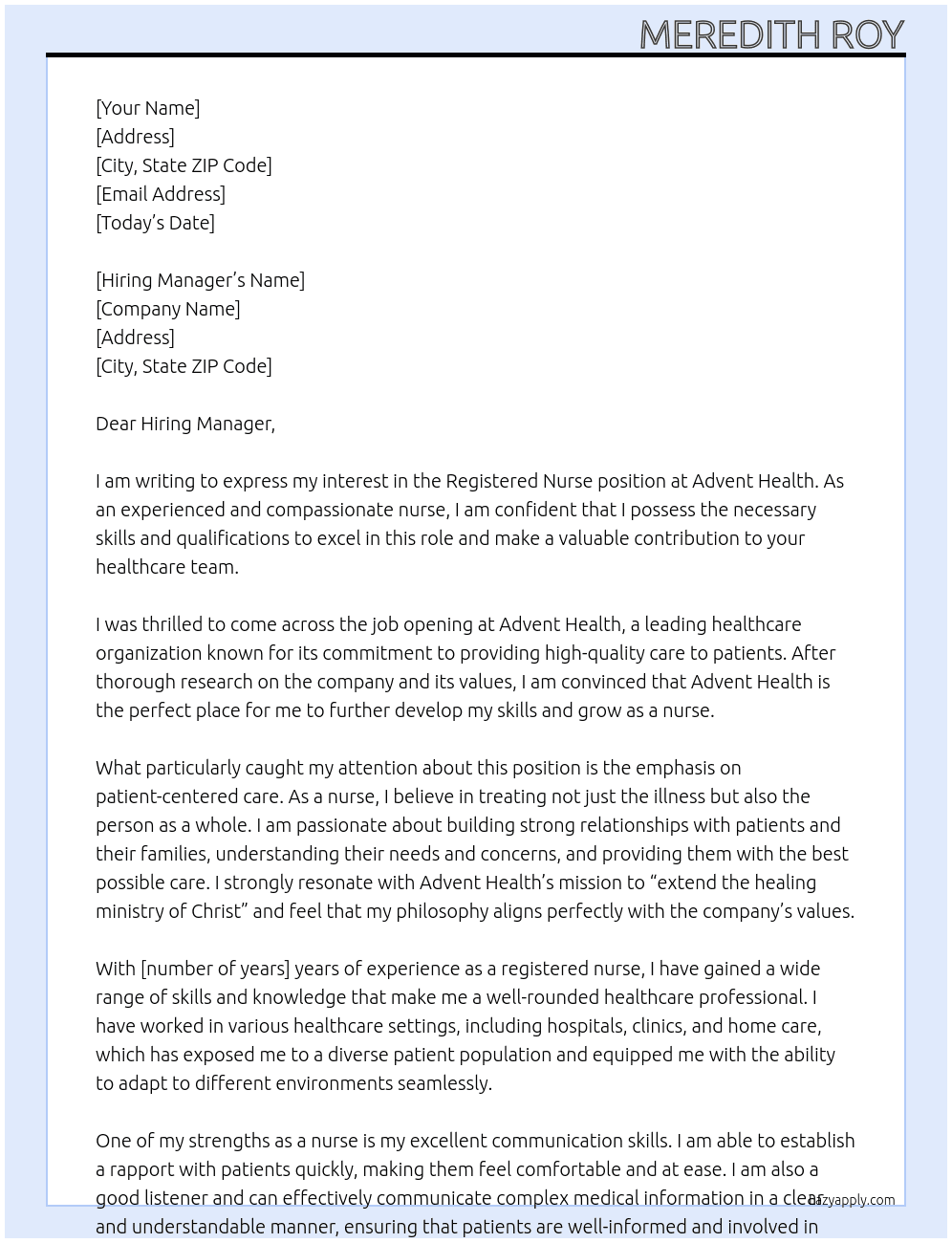 Registered Nurse At Advent Health Cover Letter