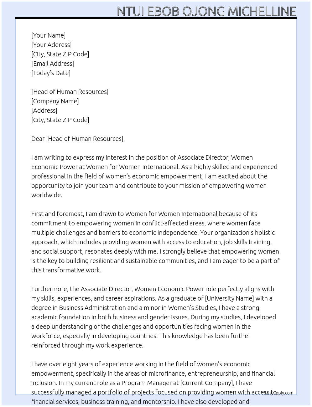 Associate Director, Women Economic Power At Women for Women International Cover Letter