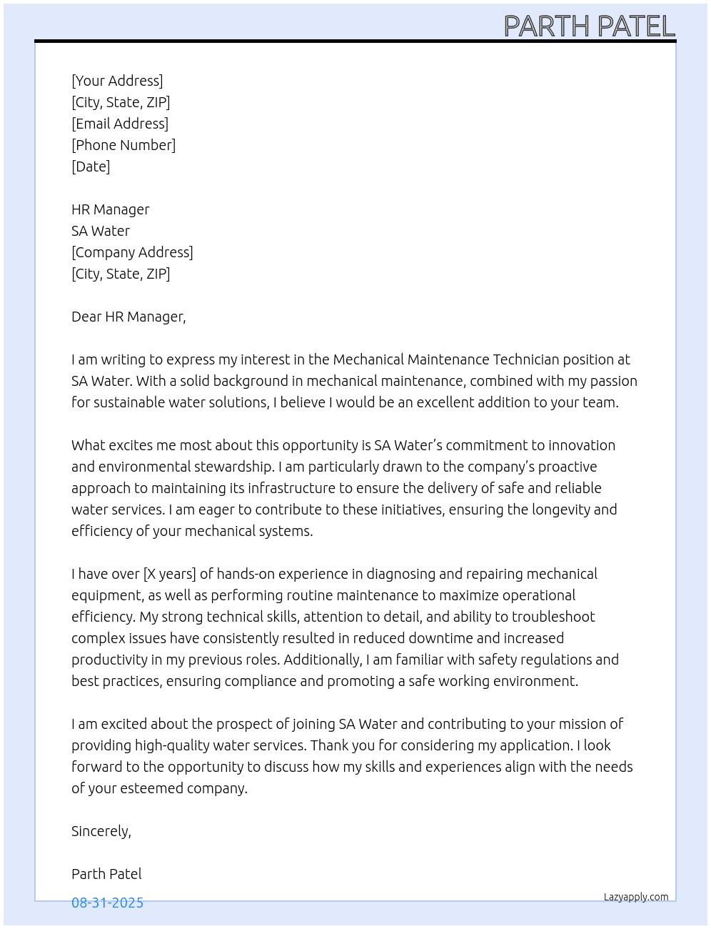 Cover letter for mechanical maintenance technician - LazyApply