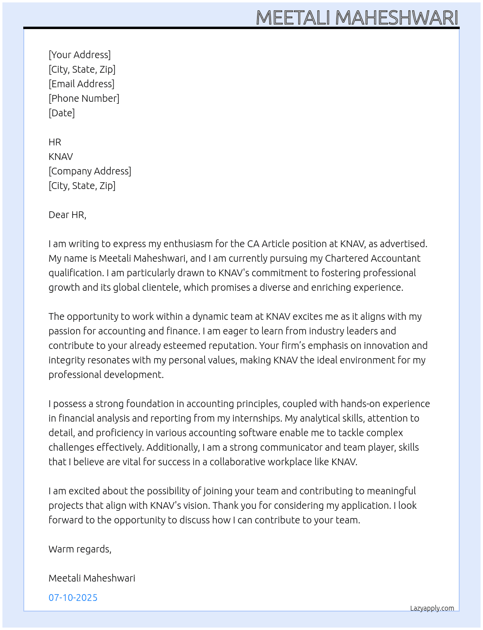 CA ARTICLE At KNAV Cover Letter