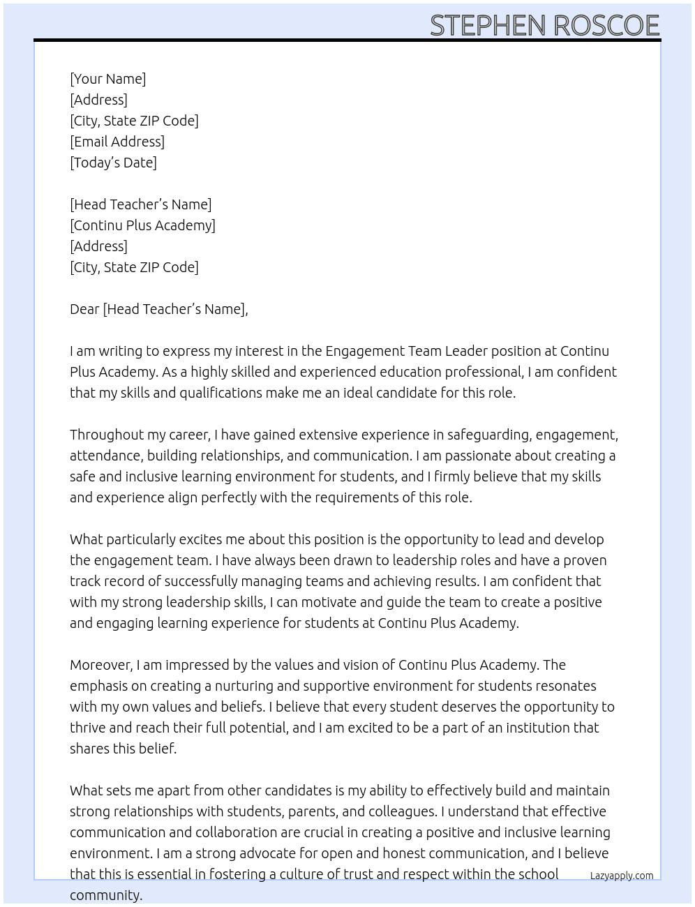 Engagement team Leader At Continu Plus Academy Cover Letter