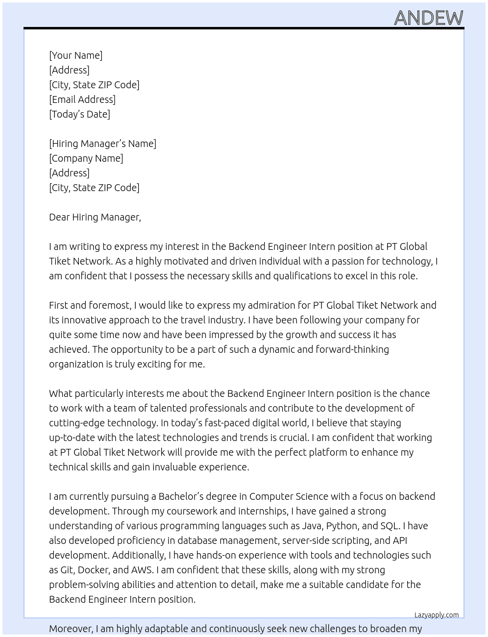 Backend Engineer Intern At PT Global Tiket Network Cover Letter