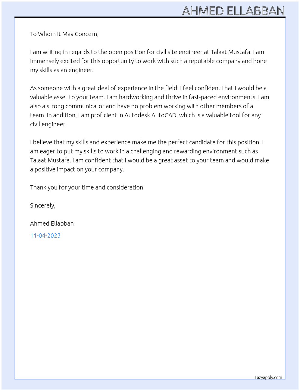 civil site engineer At talaat mustafa  Cover Letter