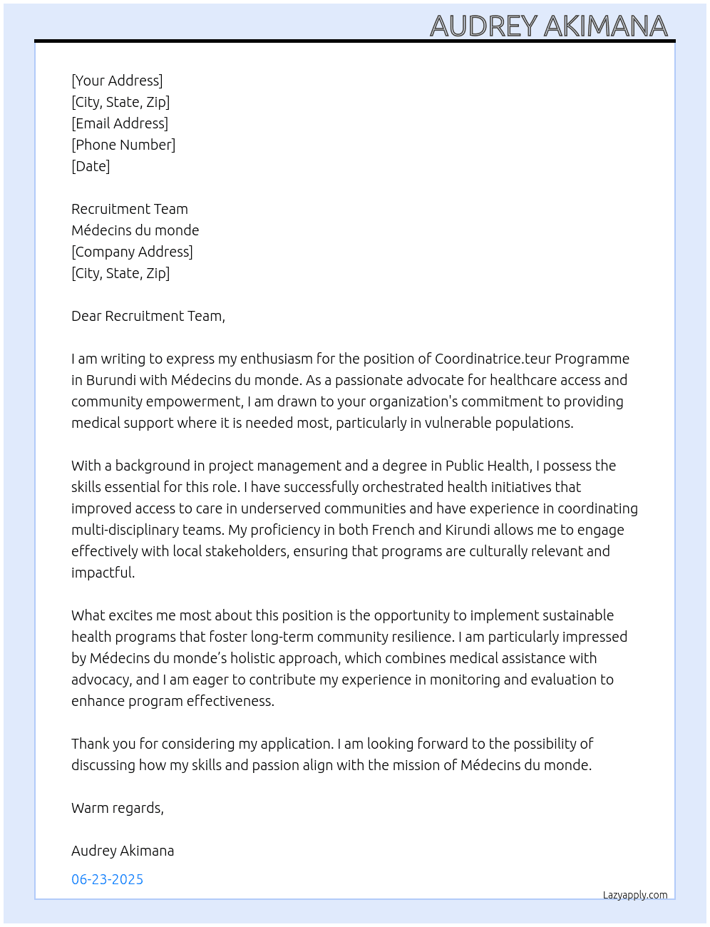Coordinatrice.teur Programme, Burundi (contrat national) At Médecins du monde Cover Letter
