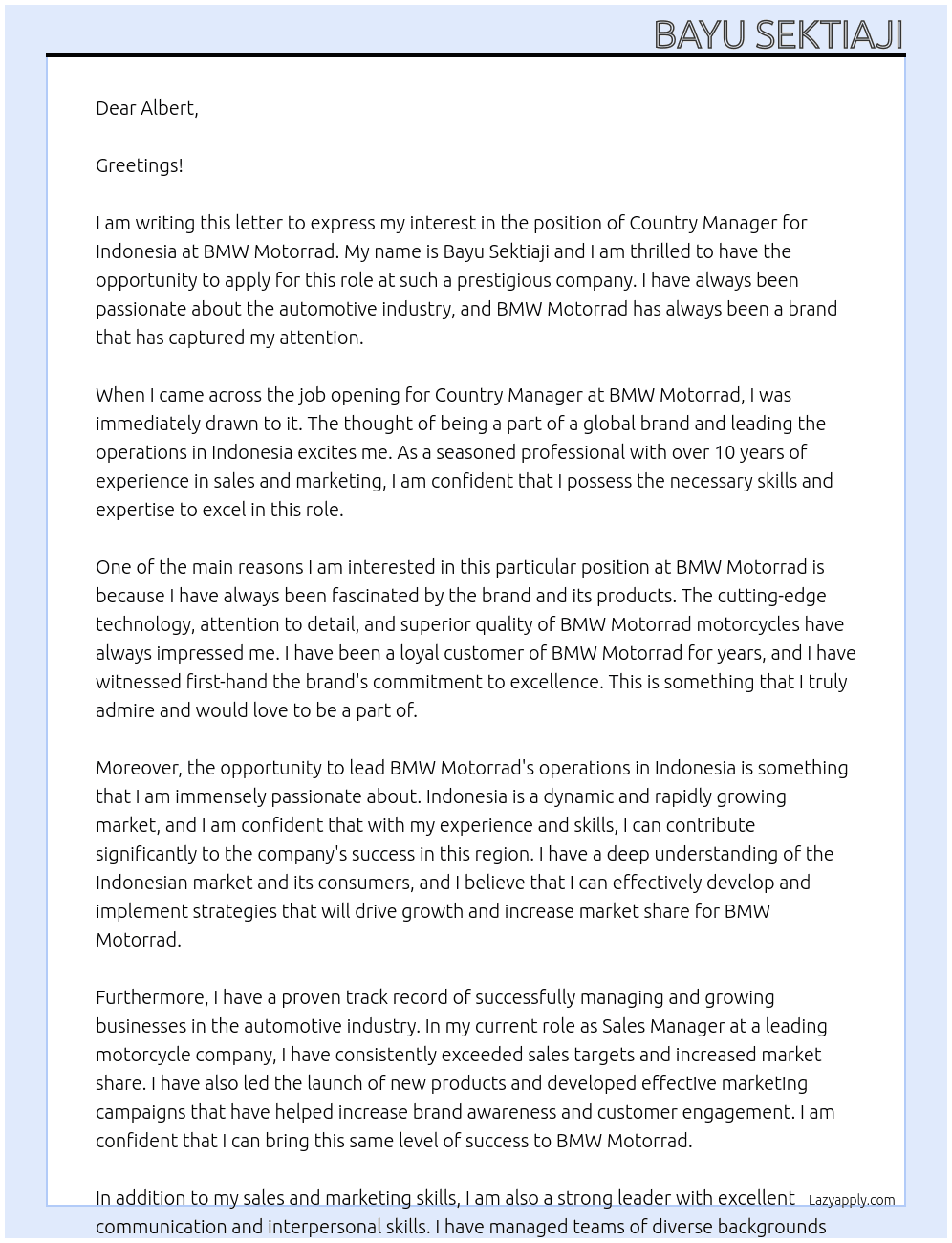 Country Manager - Indonesia At BMW Motorrad Cover Letter