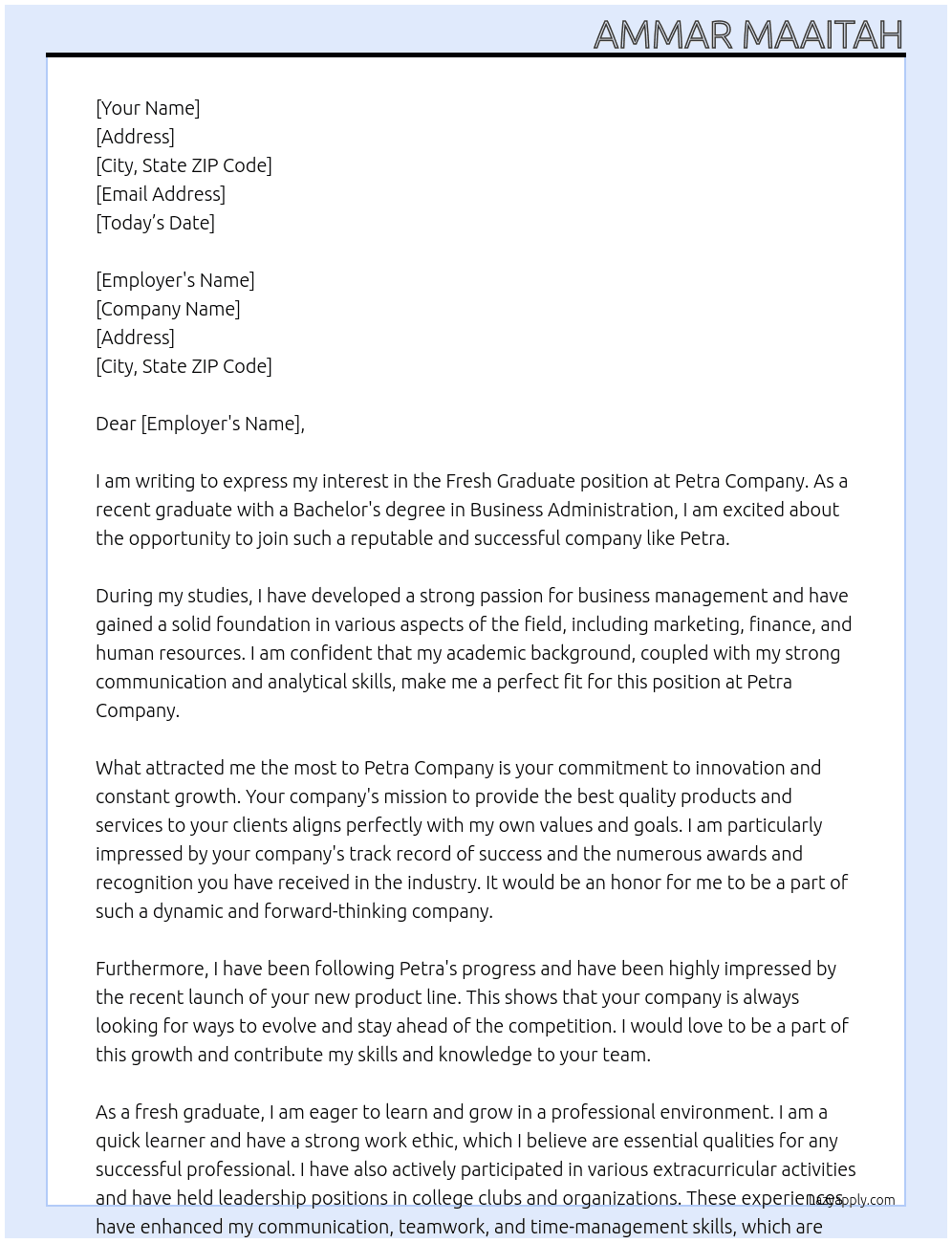 Fresh graduated At Petra company Cover Letter