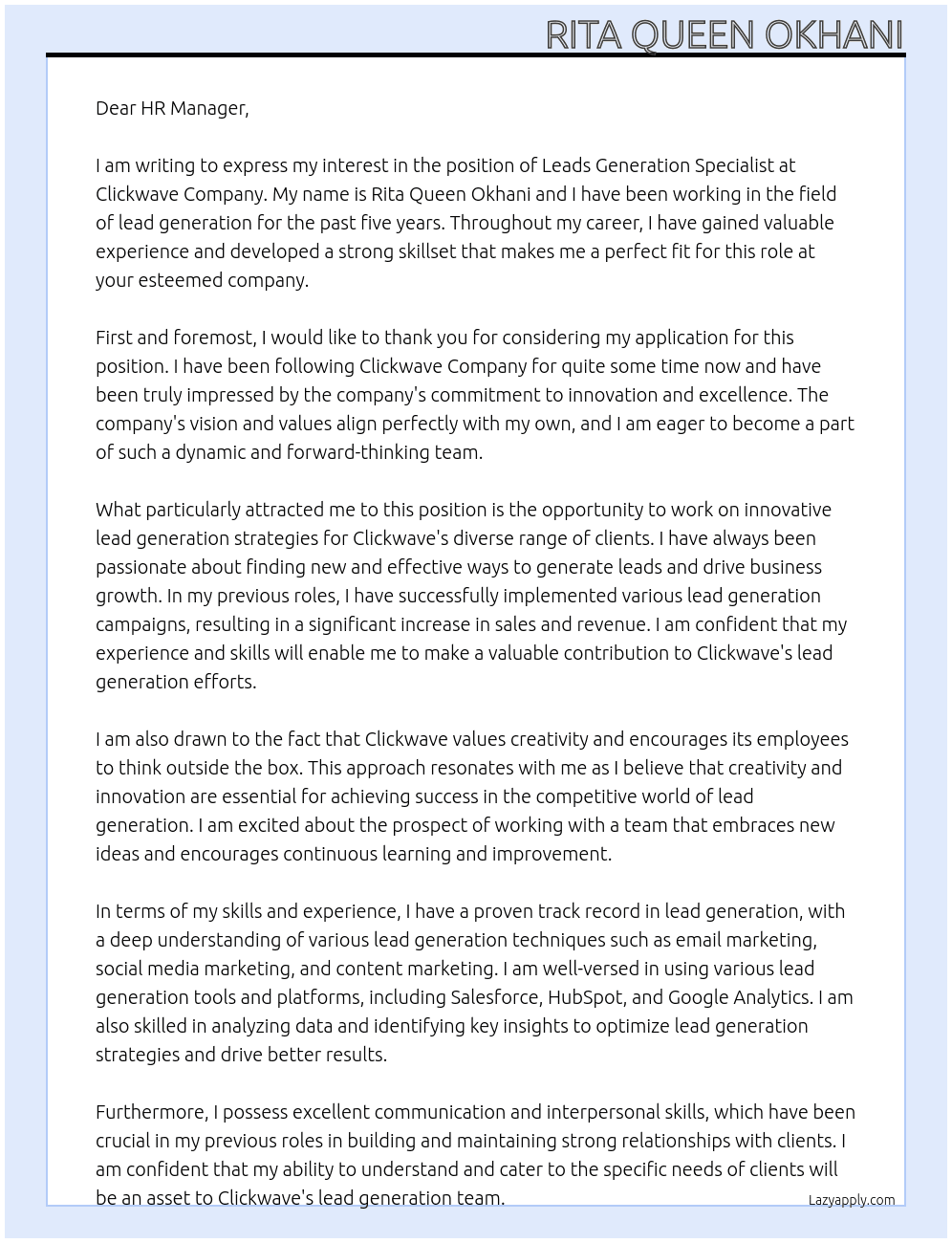 leads generation specialist At Clickwave Company Cover Letter