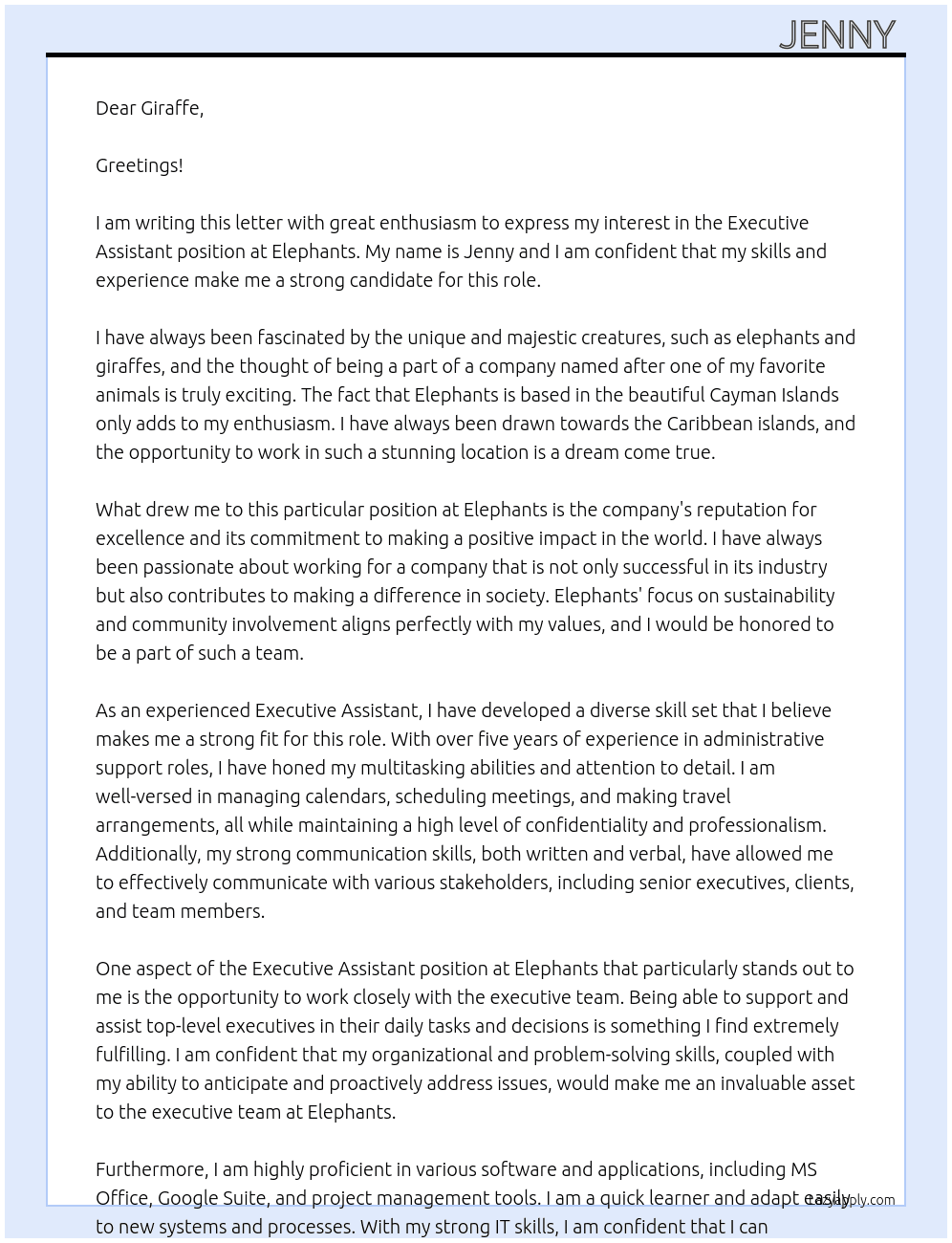 Executive Assistant  At Elephants Cover Letter