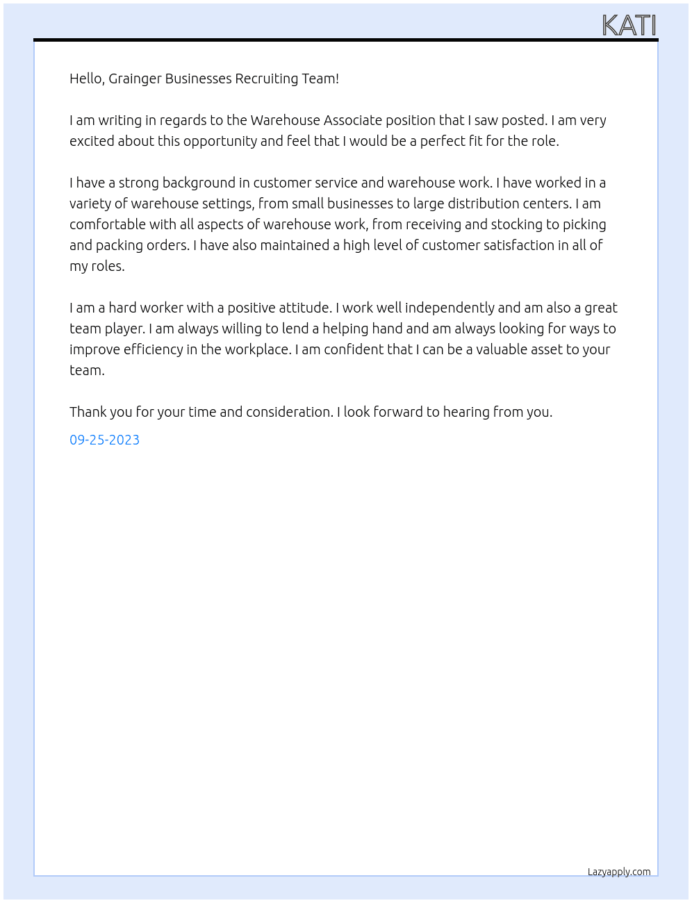 Warehouse Associate  At Grainger Cover Letter