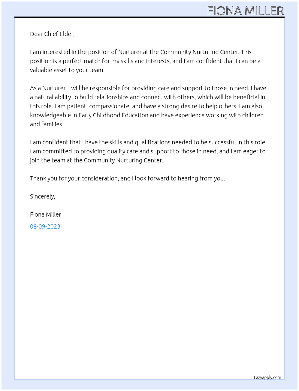 Nurturer At Community Nurturing Center Cover Letter