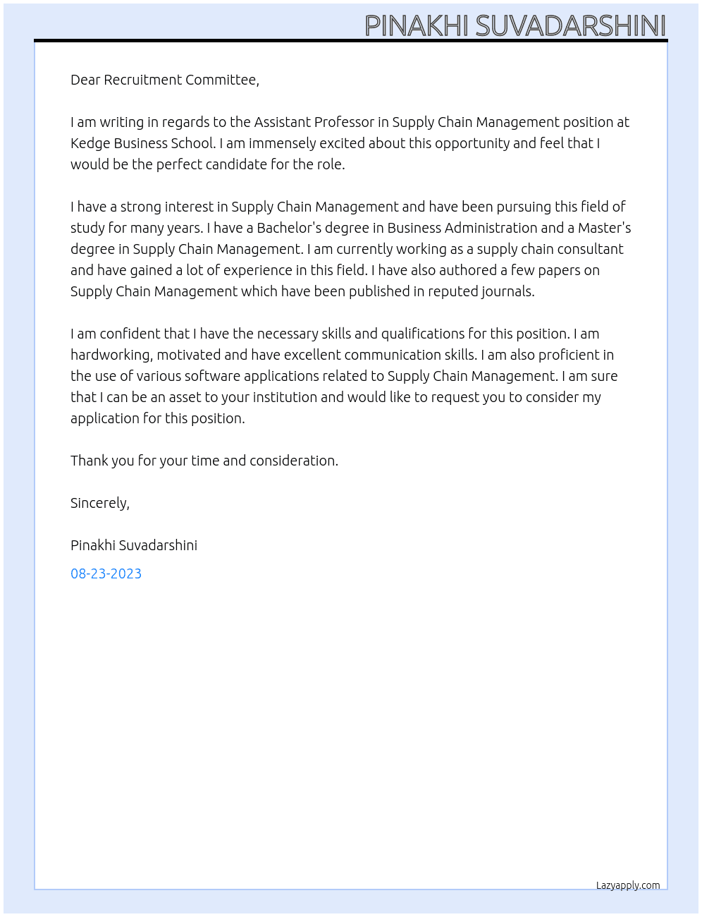 Assistant Professor in Supply Chain Management At Kedge Business School Cover Letter