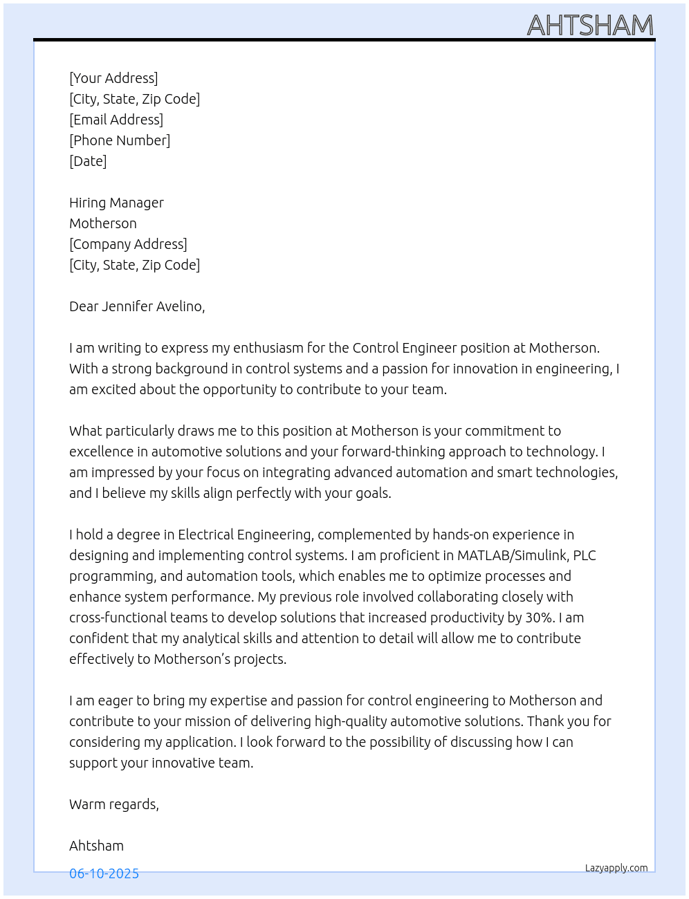 Control Engineer At motherson Cover Letter
