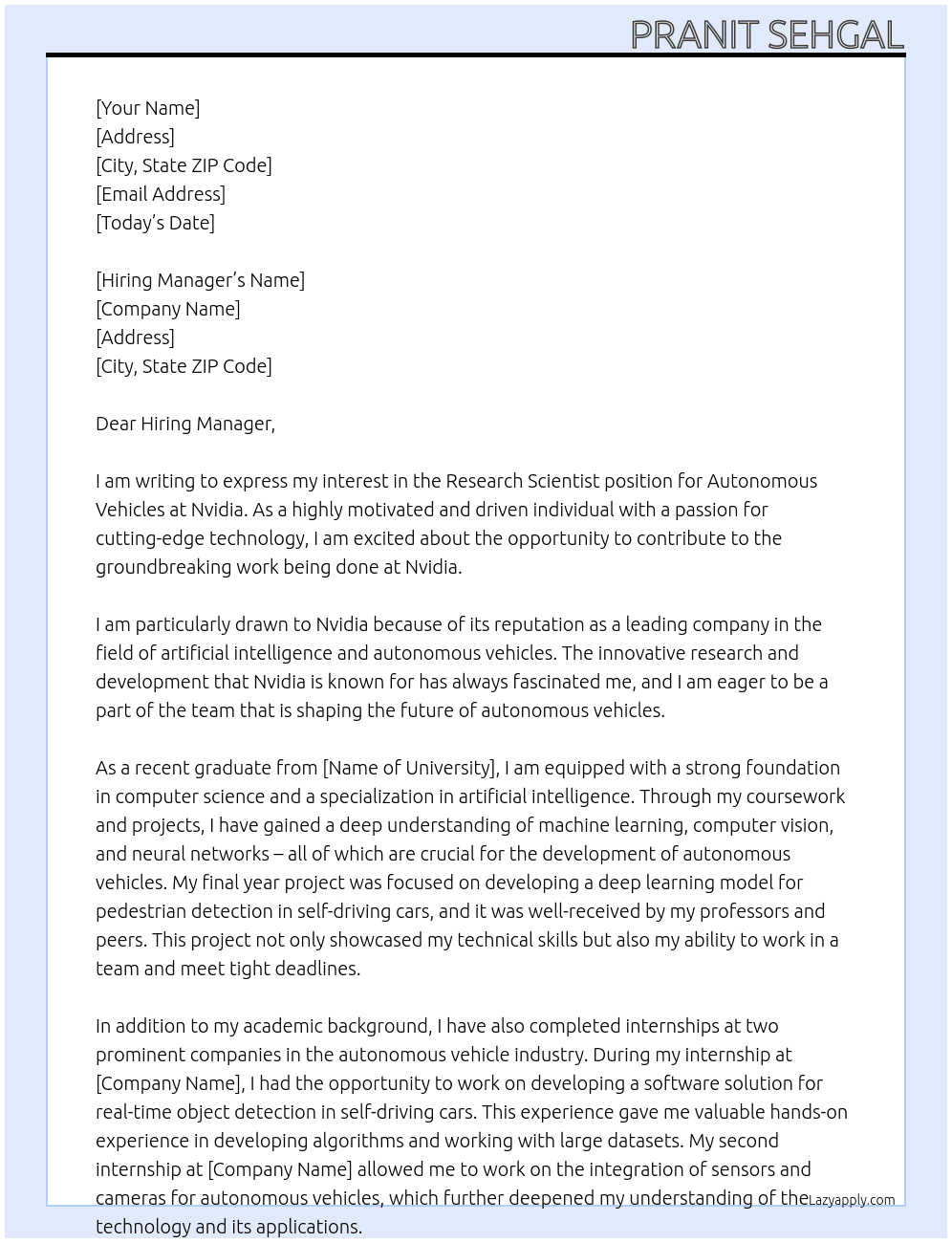Research Scientist, Autonomous Vehicles - New College Grad 2024 At Nvidia Cover Letter