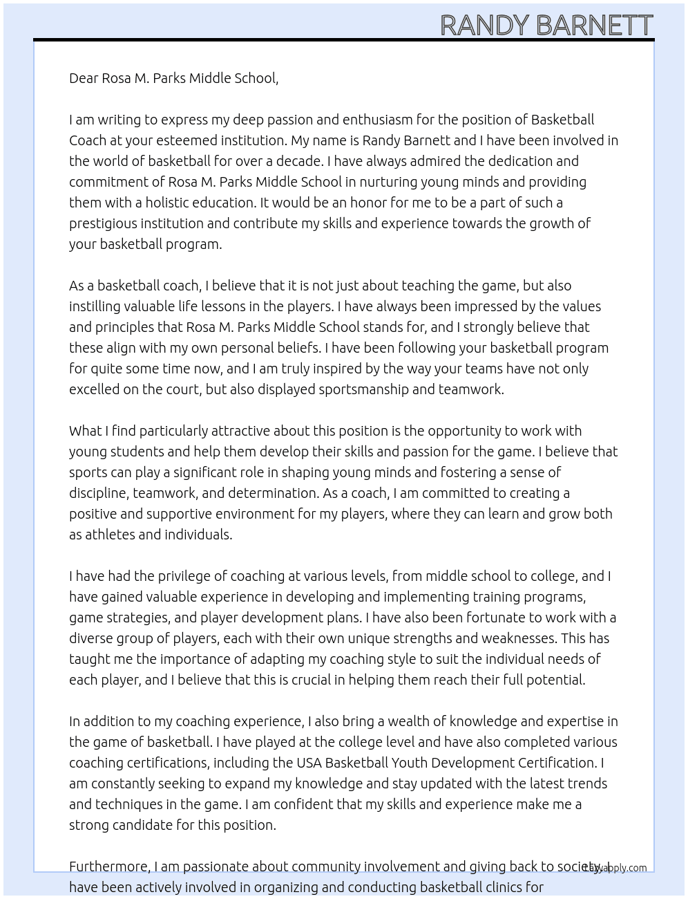Basketball coach  At Rosa M. Parks Middle School  Cover Letter