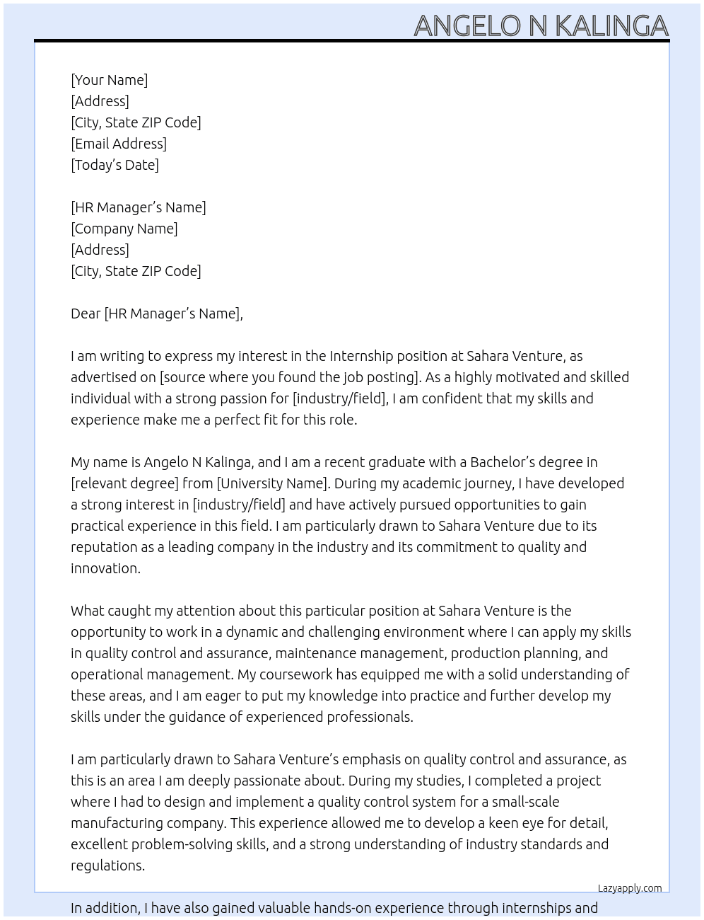 Intern  At Sahara venture  Cover Letter