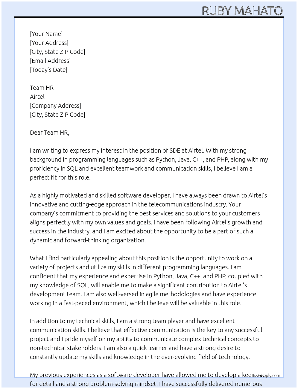 SDE At Airtel Cover Letter